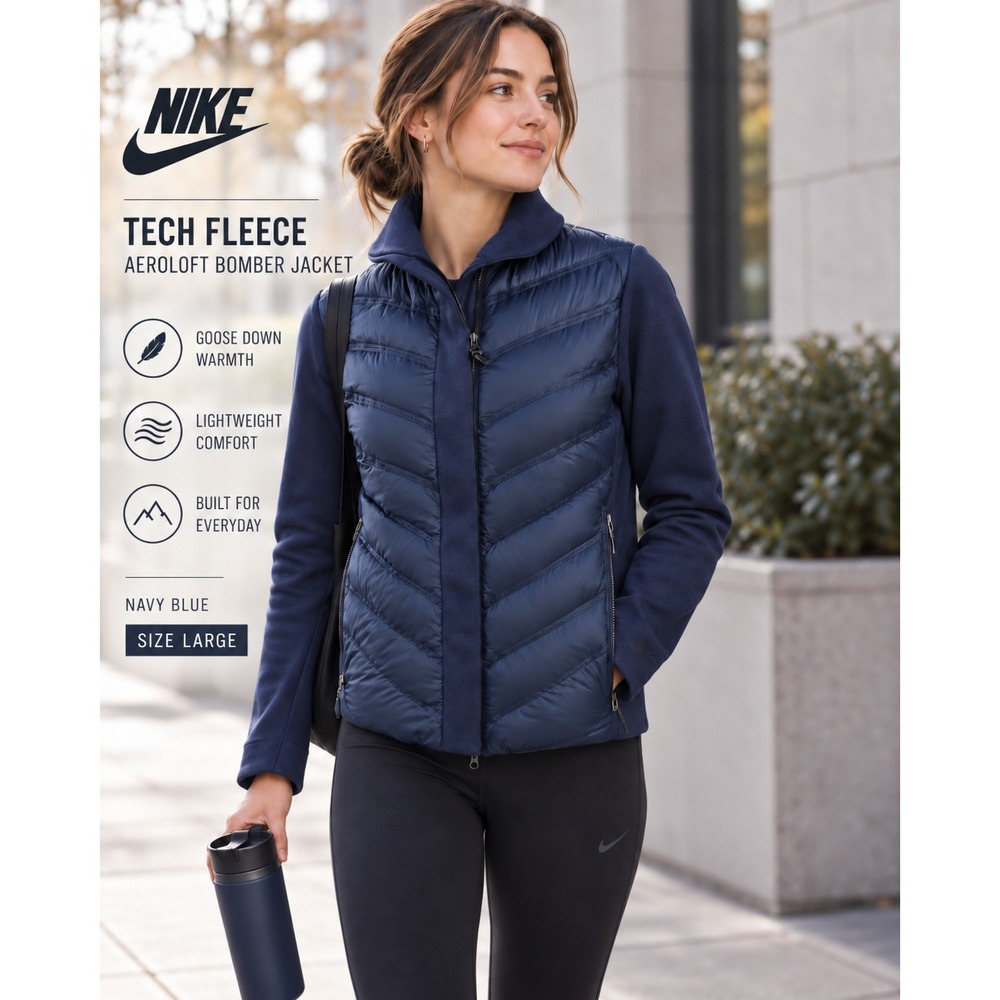 NIKE Tech Fleece Puffer Aeroloft Bomber Jacket Navy Goose Down 804982-423 Large - Picture 1 of 15